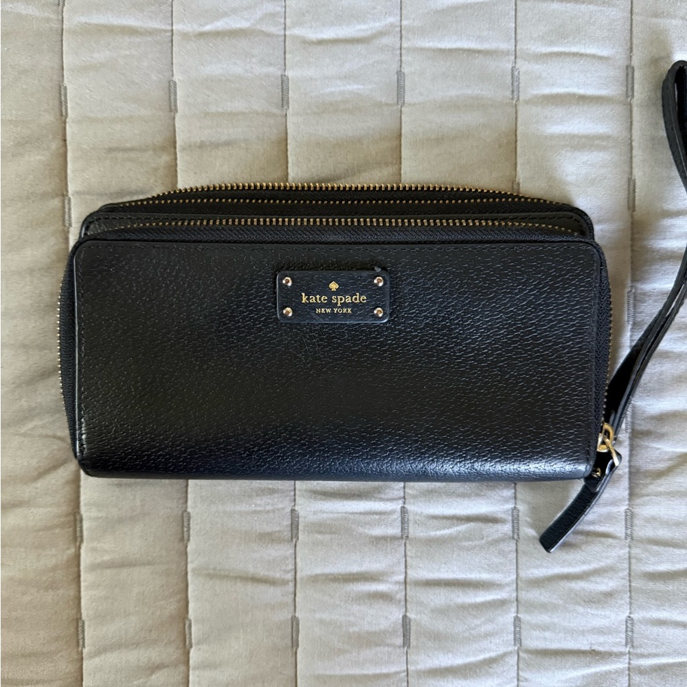 kate spade Black Pebbled Leather Wristlet Wallet with Gold Hardware
